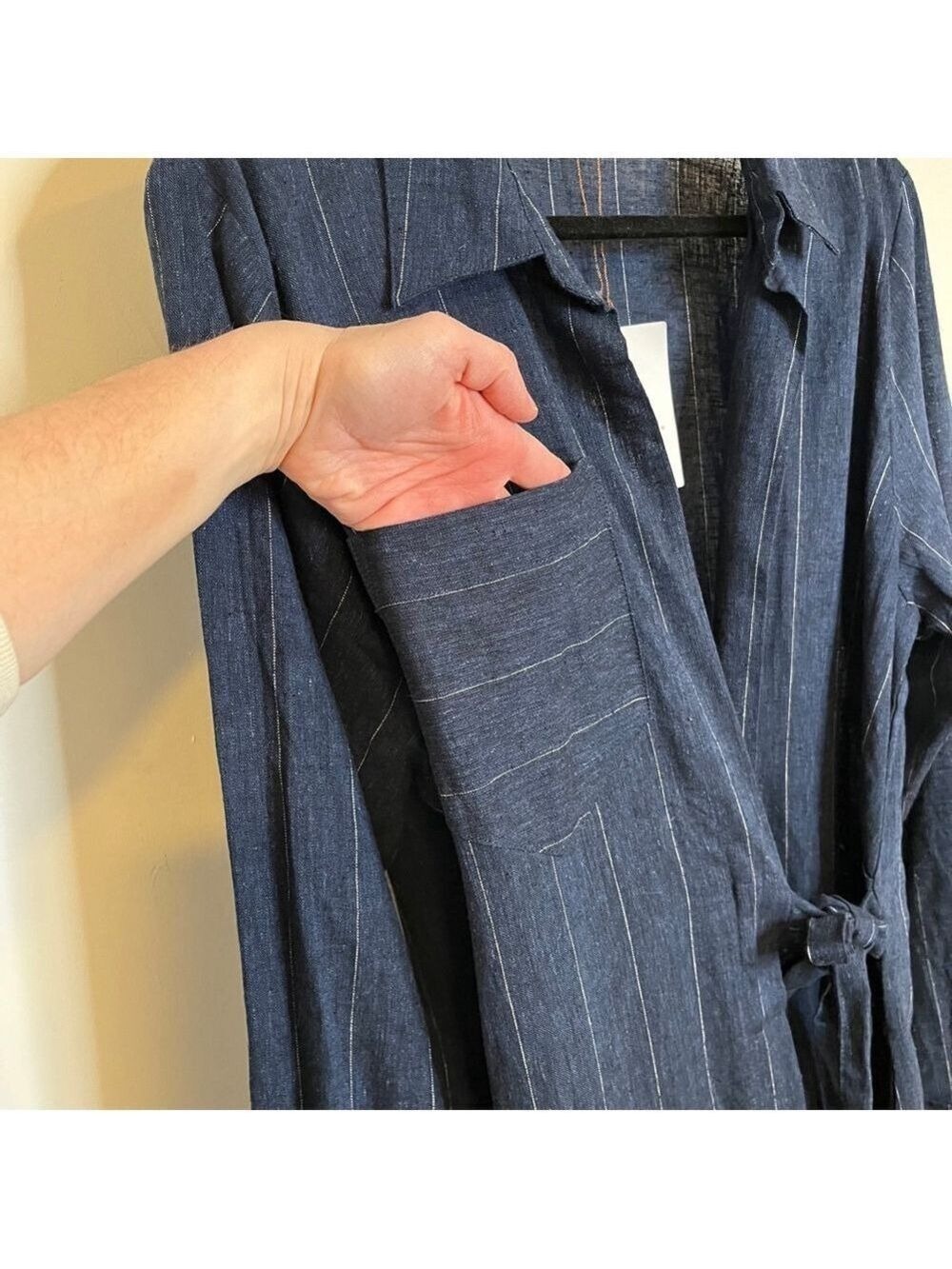 NWT Linen Blend Wrap Maxi Dress Conbipel Navy Pinstripe Italian L/XL - Picture 8 of 15